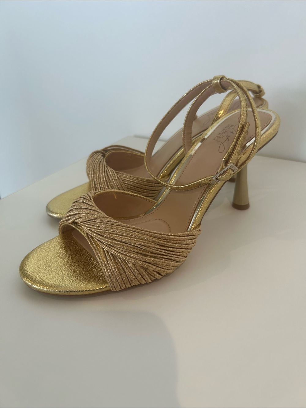 NIB Gold Metallic Strappy Heels Sandals Wedding Party Jewel Badgley 7.5 - Picture 3 of 11